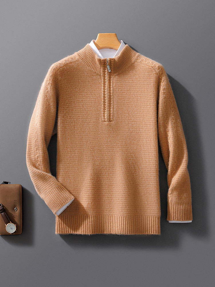 Men's gray wool knit sweatshirt relaxed fit with zip collar, textured premium fabric