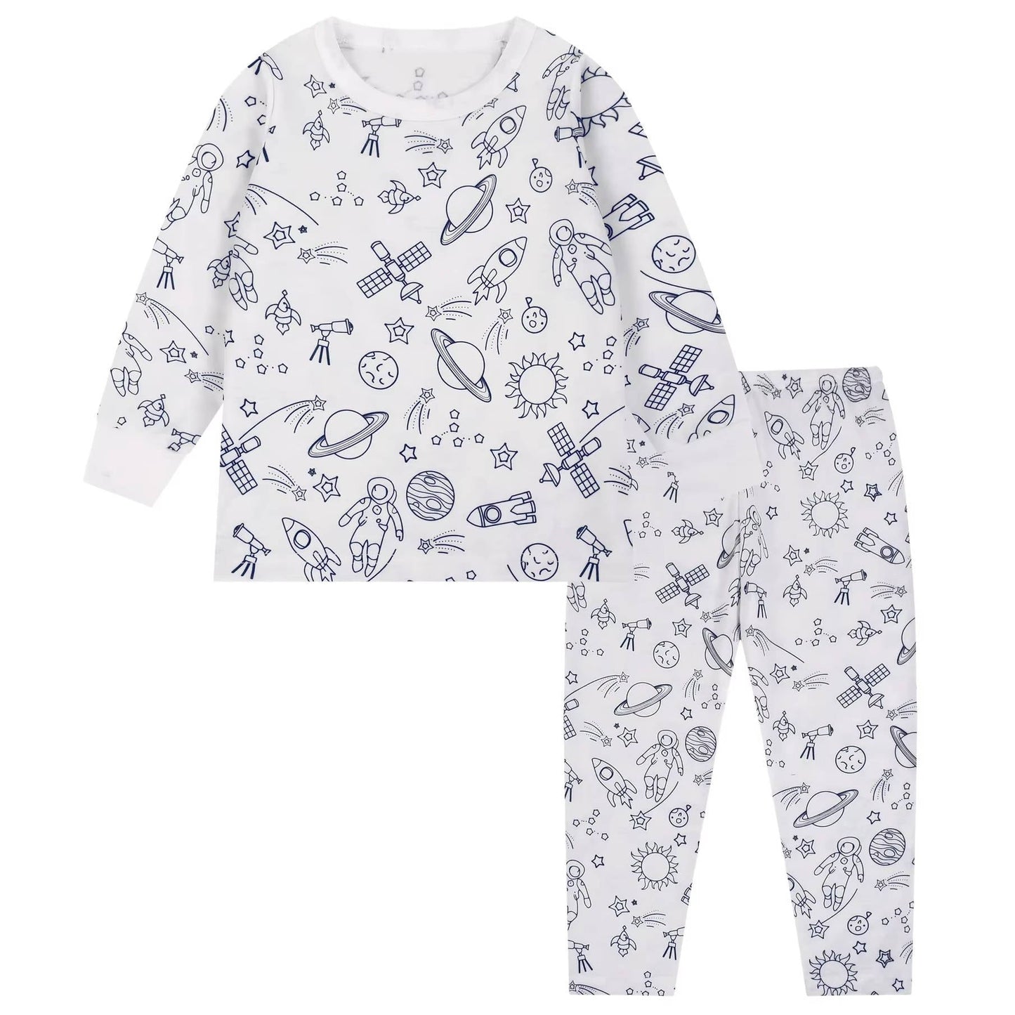 Kids unisex cotton-blend pajamas with bold pre-printed coloring patterns for creative bedtime fun