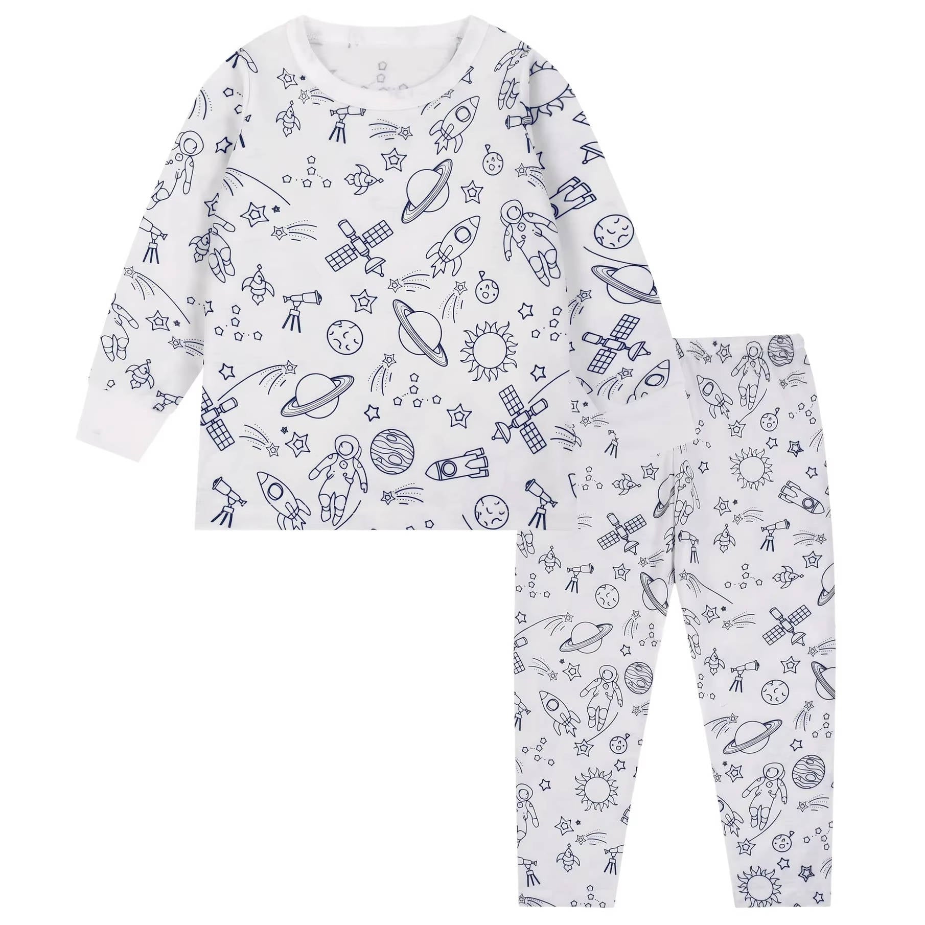 Kids unisex cotton-blend pajamas with bold pre-printed coloring patterns for creative bedtime fun