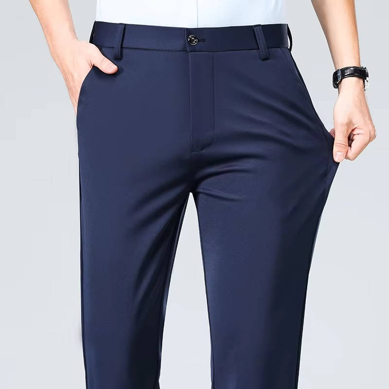 Men's slim fit dress pants light gray stretch fabric modern professional tapered cut wrinkle-resistant