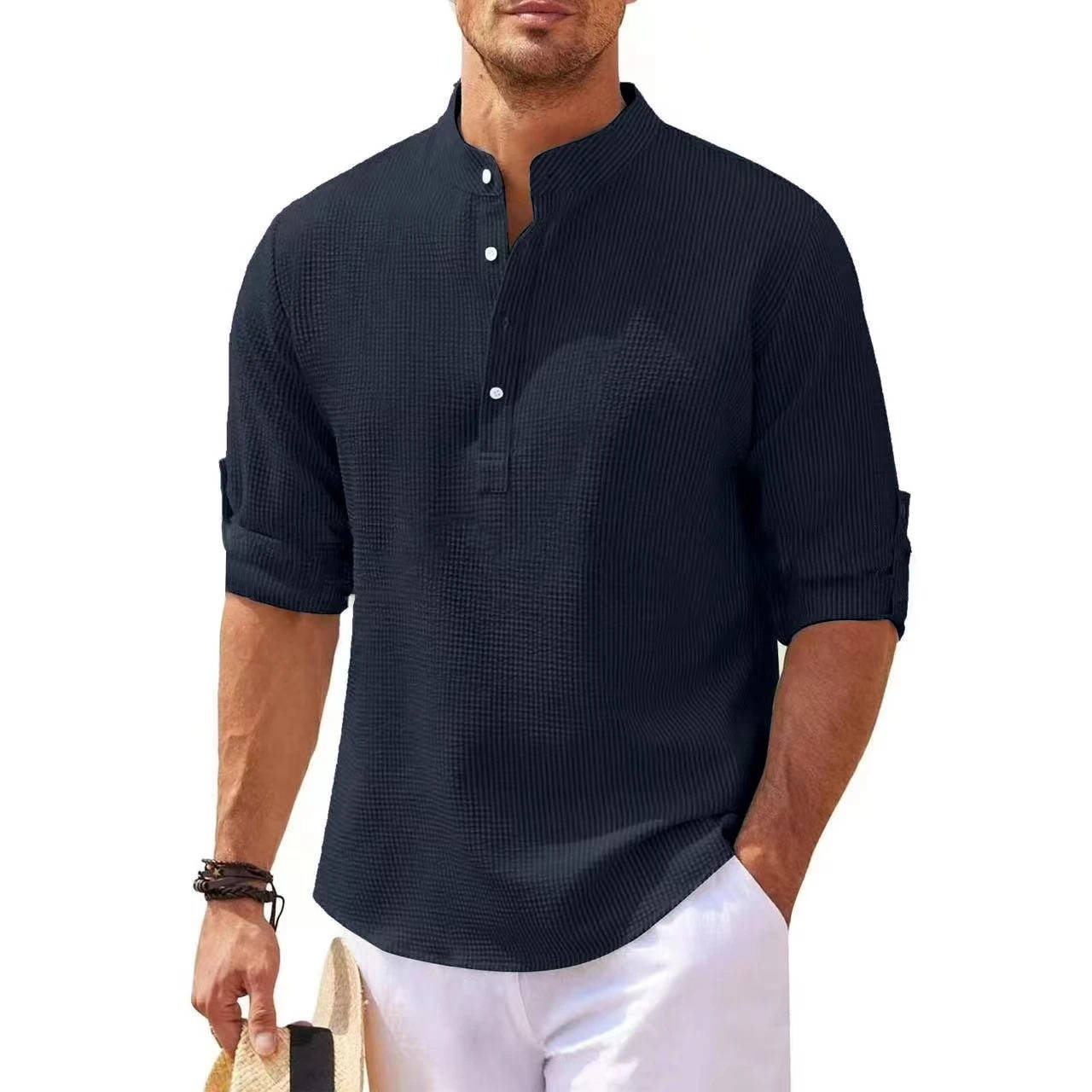Beige waffle knit Henley shirt men relaxed casual fit breathable tri-blend texture everyday comfort