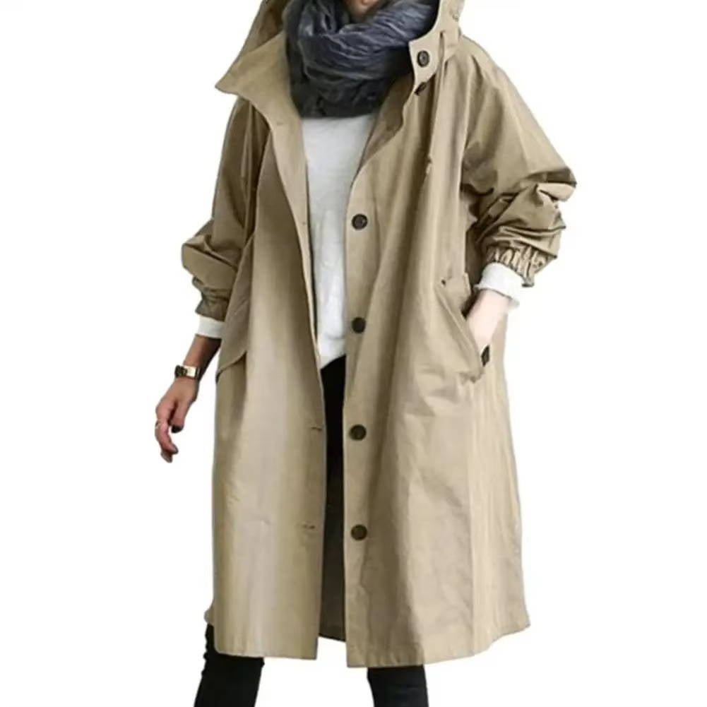 Women's oversized waterproof trench coat modern flattering fit breathable polyester light rain shield