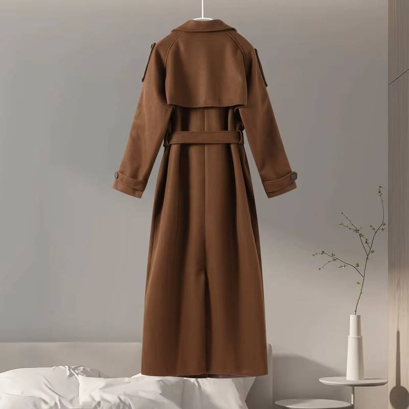 Women oversized long trench coat wool-polyester blend timeless silhouette office-ready professional outerwear