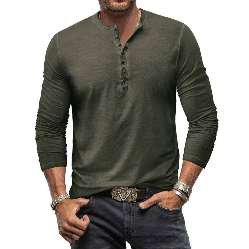 Men's navy blue long sleeve Henley shirt in breathable 100% cotton with classic button placket
