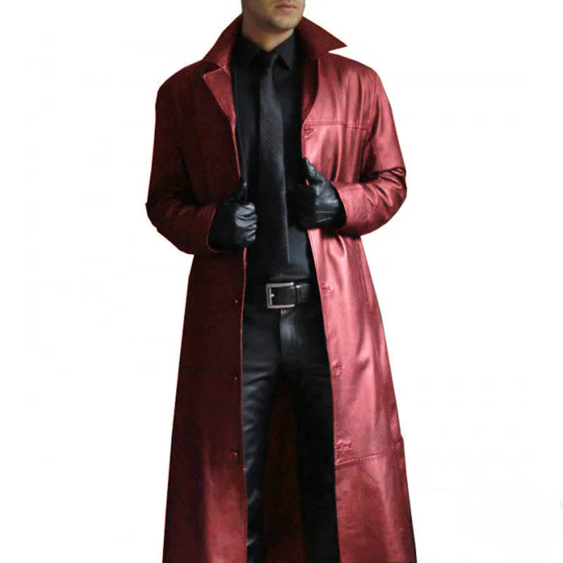 Men's black full-grain PU leather trench coat windproof full-length vintage-inspired all-season outerwear