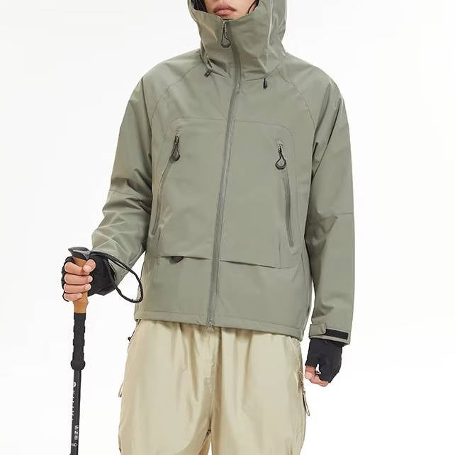Men's waterproof hiking rain shell jacket with hood, front zipper pockets, lightweight outdoor fit
