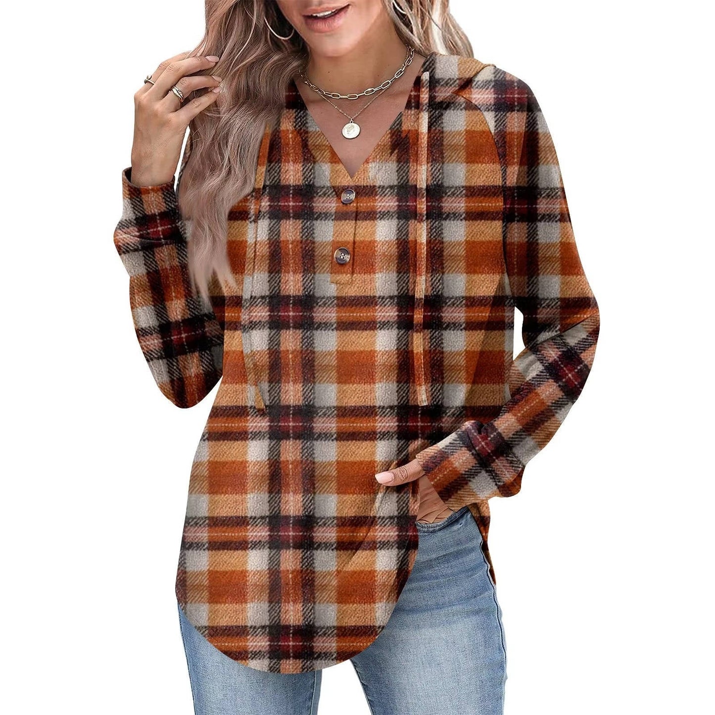Women's relaxed V-neck button hoodie sweatshirt with adjustable partial button front closure