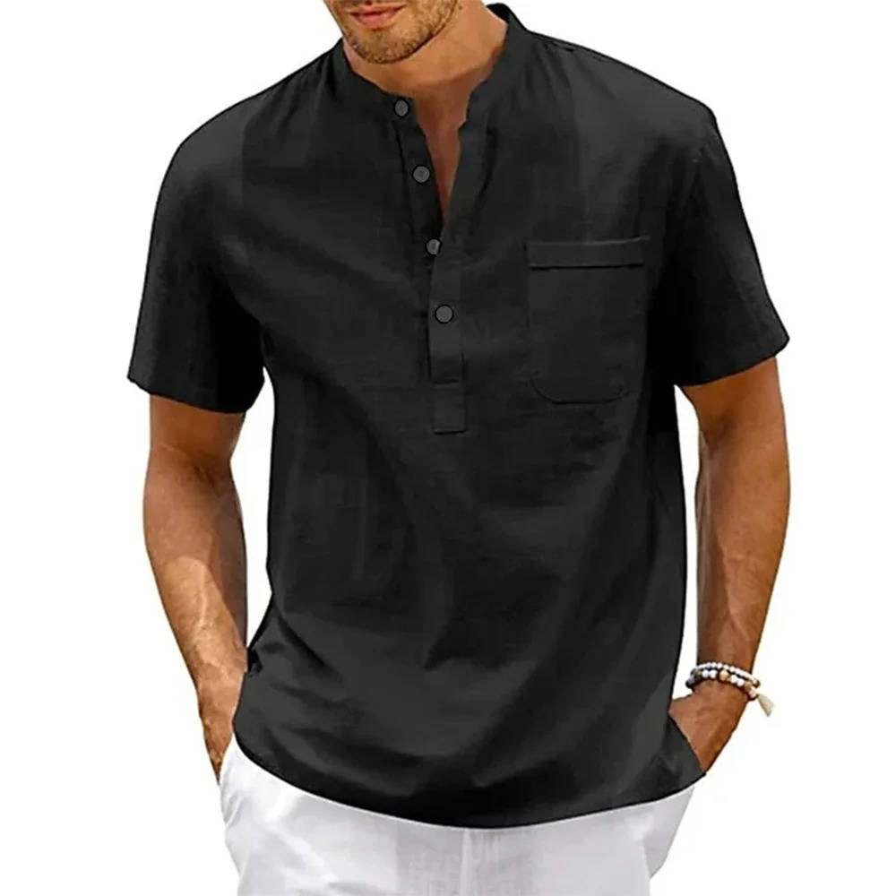 Beige men's linen Henley shirt relaxed fit short sleeves breathable cotton blend chest pocket