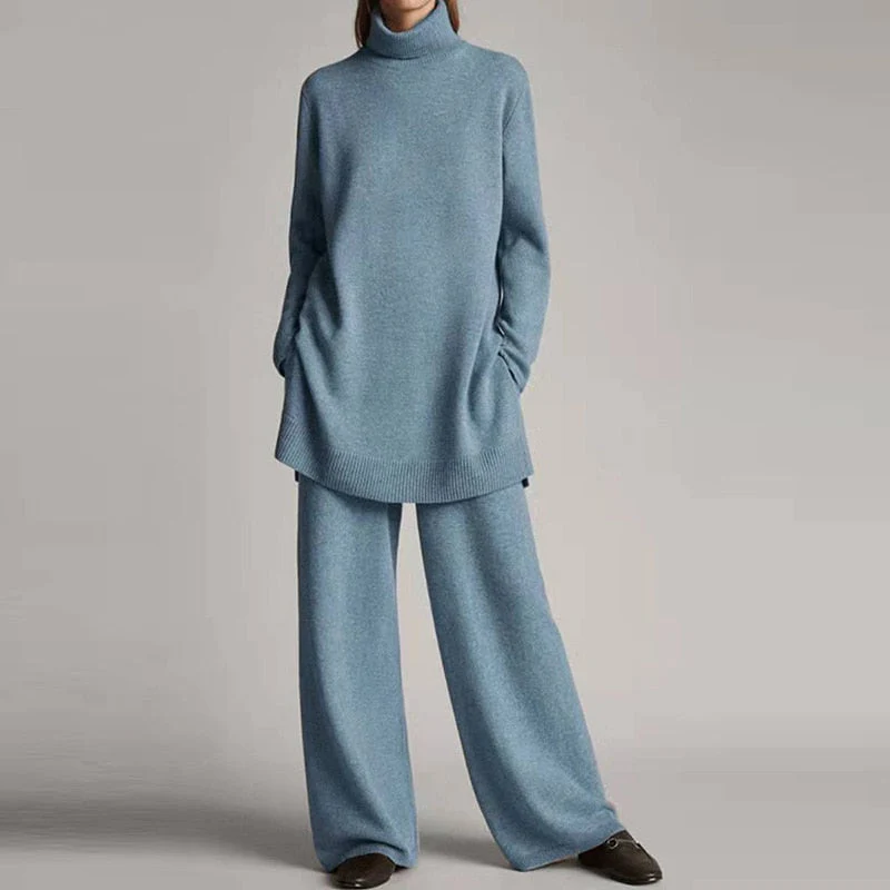 Women's wool blend knit turtleneck top and wide-leg pants two-piece loungewear set oversized cozy fit