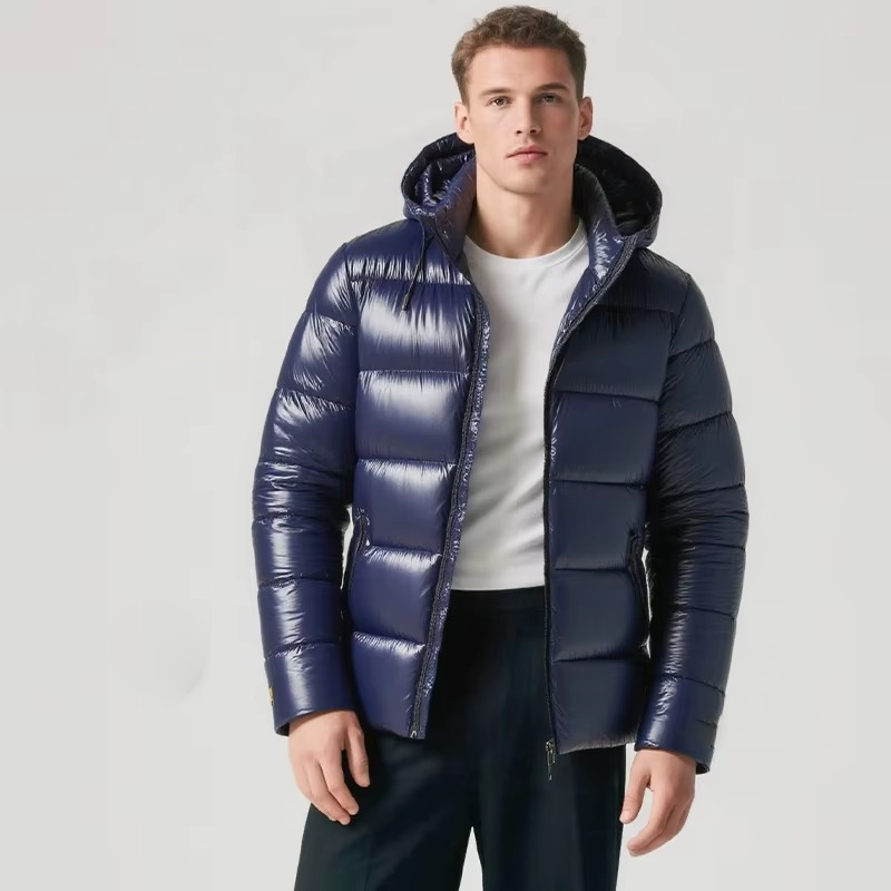 Men's waterproof hooded puffer jacket insulated lightweight down coat for outdoor activities