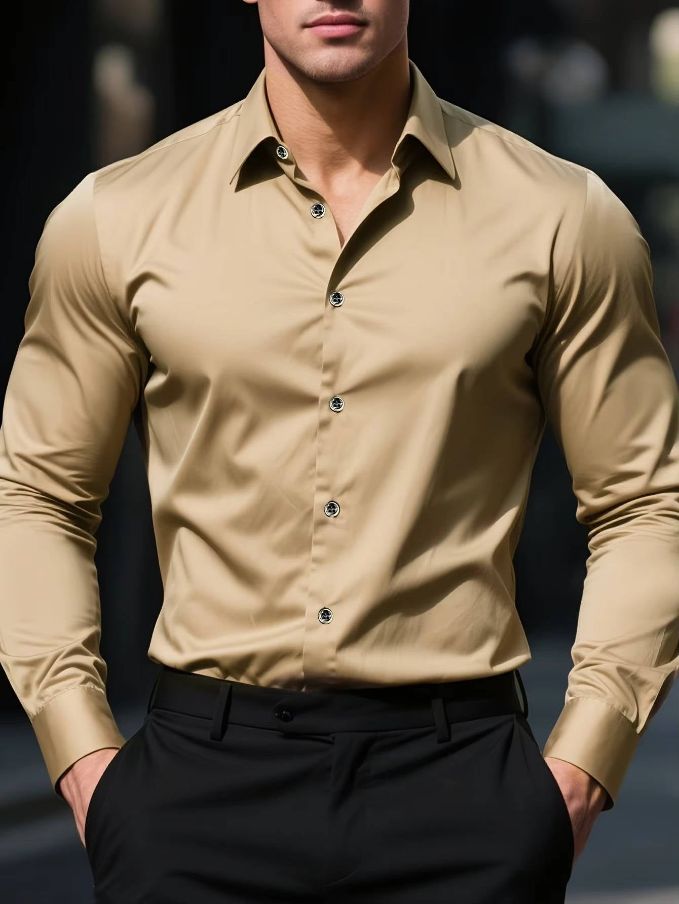 TrendAura men's slim fit button-down shirt navy stretch fabric tailored cuffs office casual wear