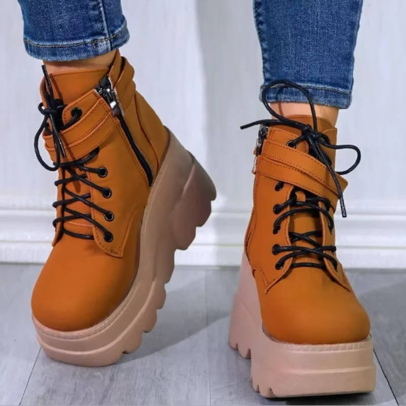 Women's black goth platform combat boots chunky sole lace-up high heel edgy vegan leather style