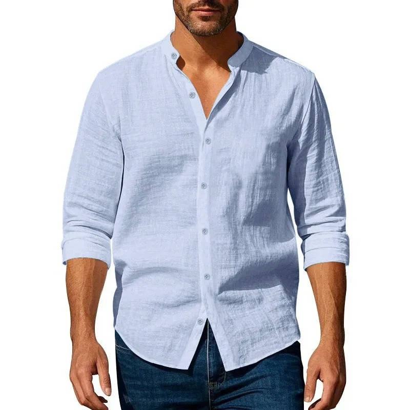 Men's linen cotton blend long sleeve button-up shirt, breathable Henley neckline for warm weather