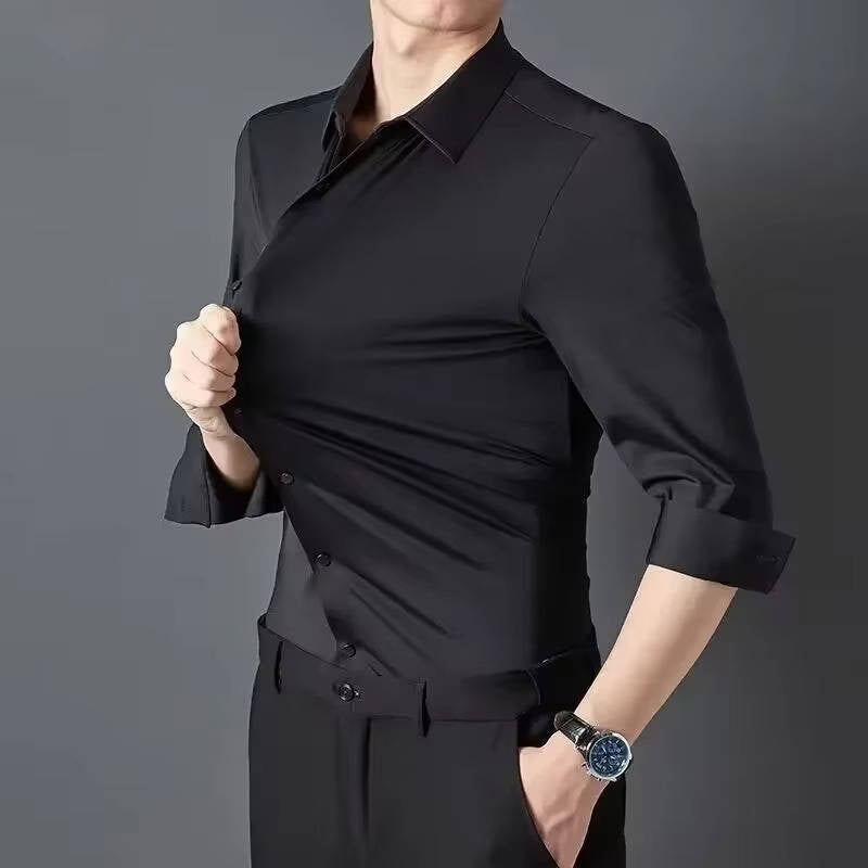 Men's wrinkle-free stretch dress shirt in solid color, slim professional cut with four-way flex fabric