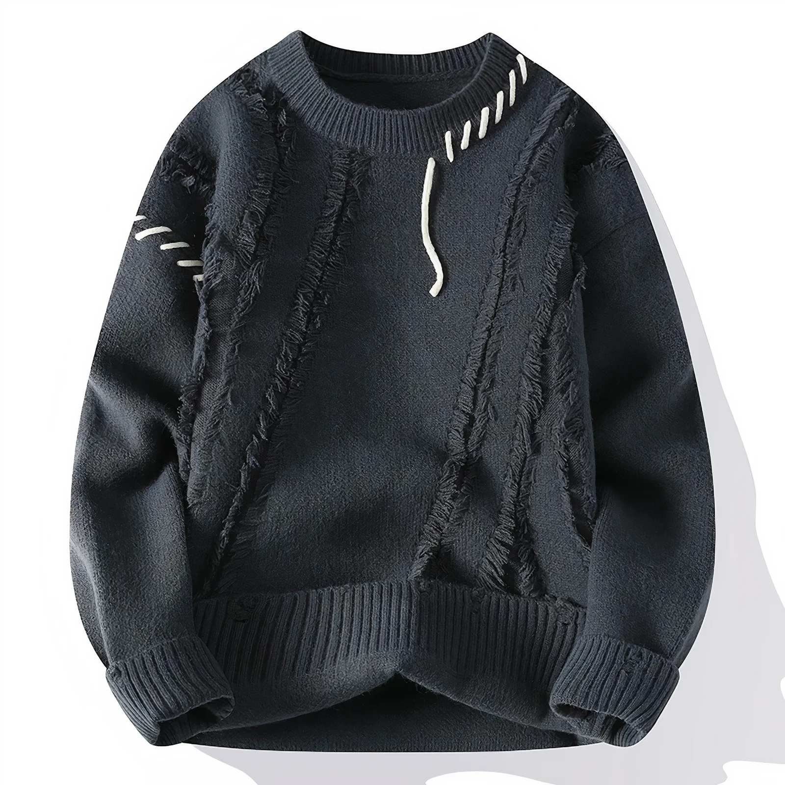 Men's patchwork fringe wool blend sweater relaxed fit crew neck multicolor artisanal knit