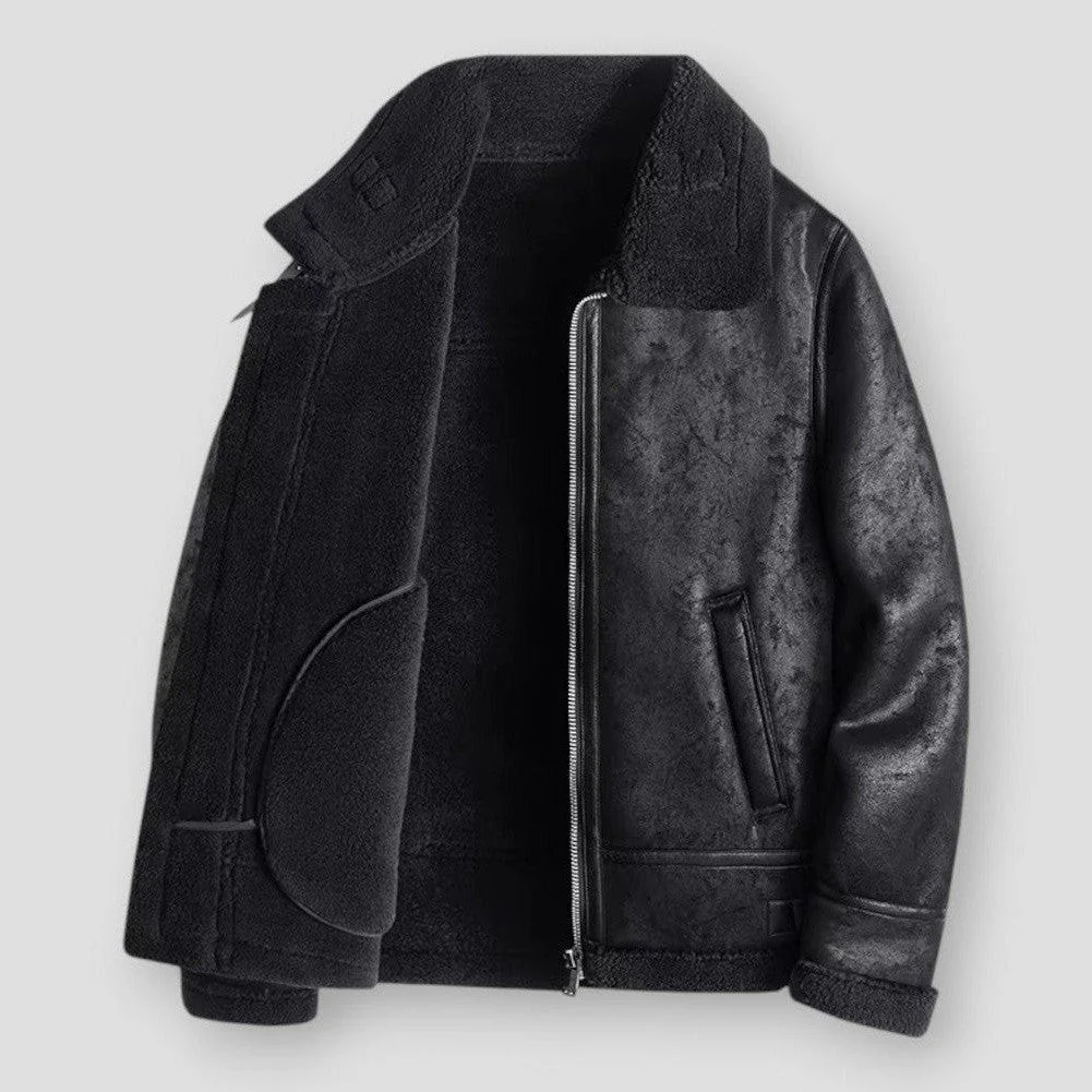 Men's black faux leather hip-length jacket with plush shearling trim and zipper closure