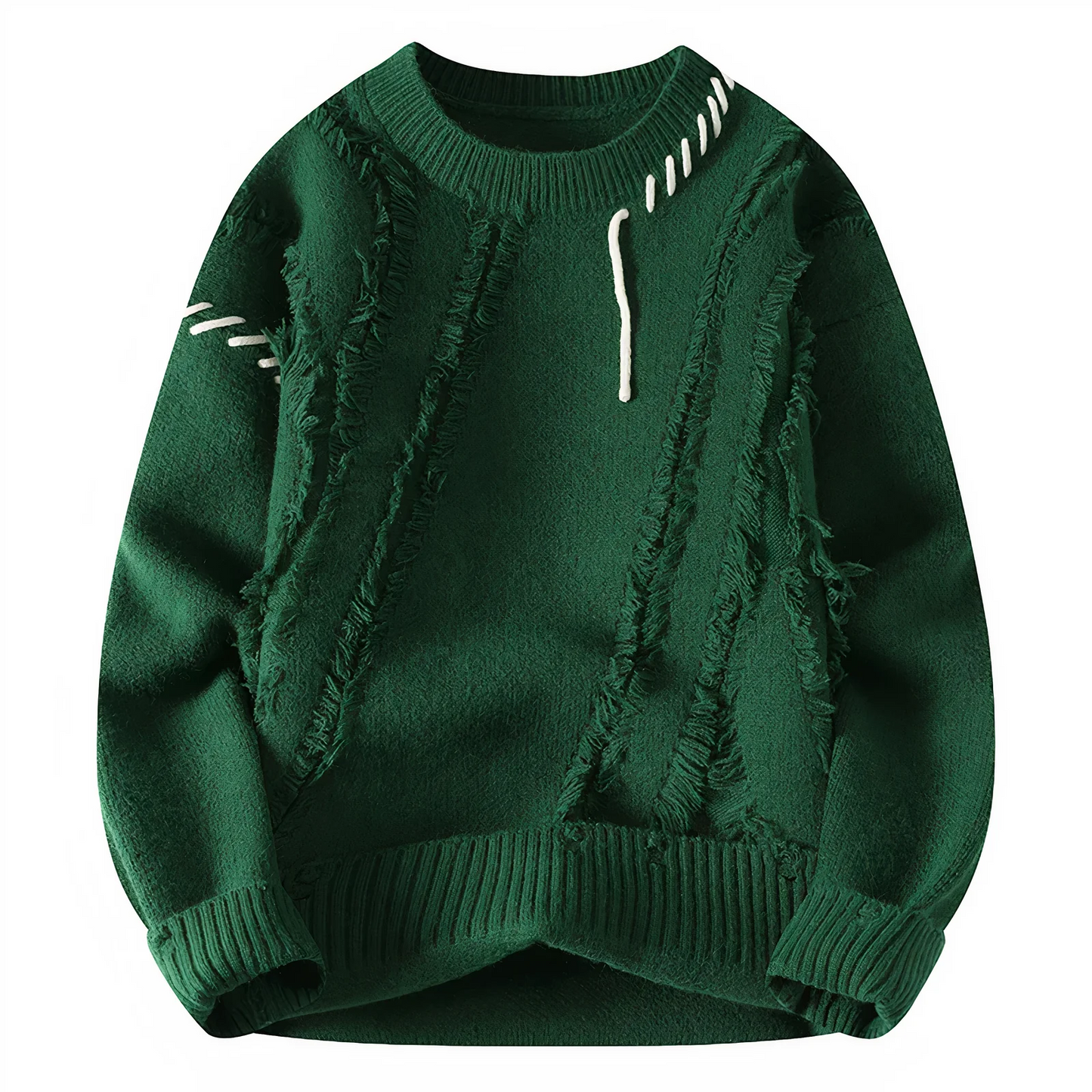 Men's patchwork fringe wool blend crew neck sweater in relaxed fit with artisanal knit detail