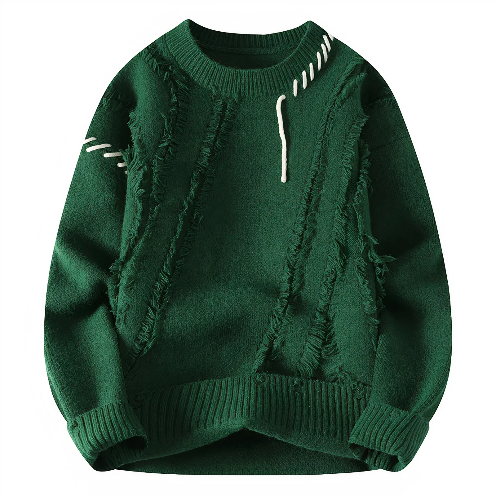 Men's patchwork fringe wool blend crew neck sweater in relaxed fit with artisanal knit detail