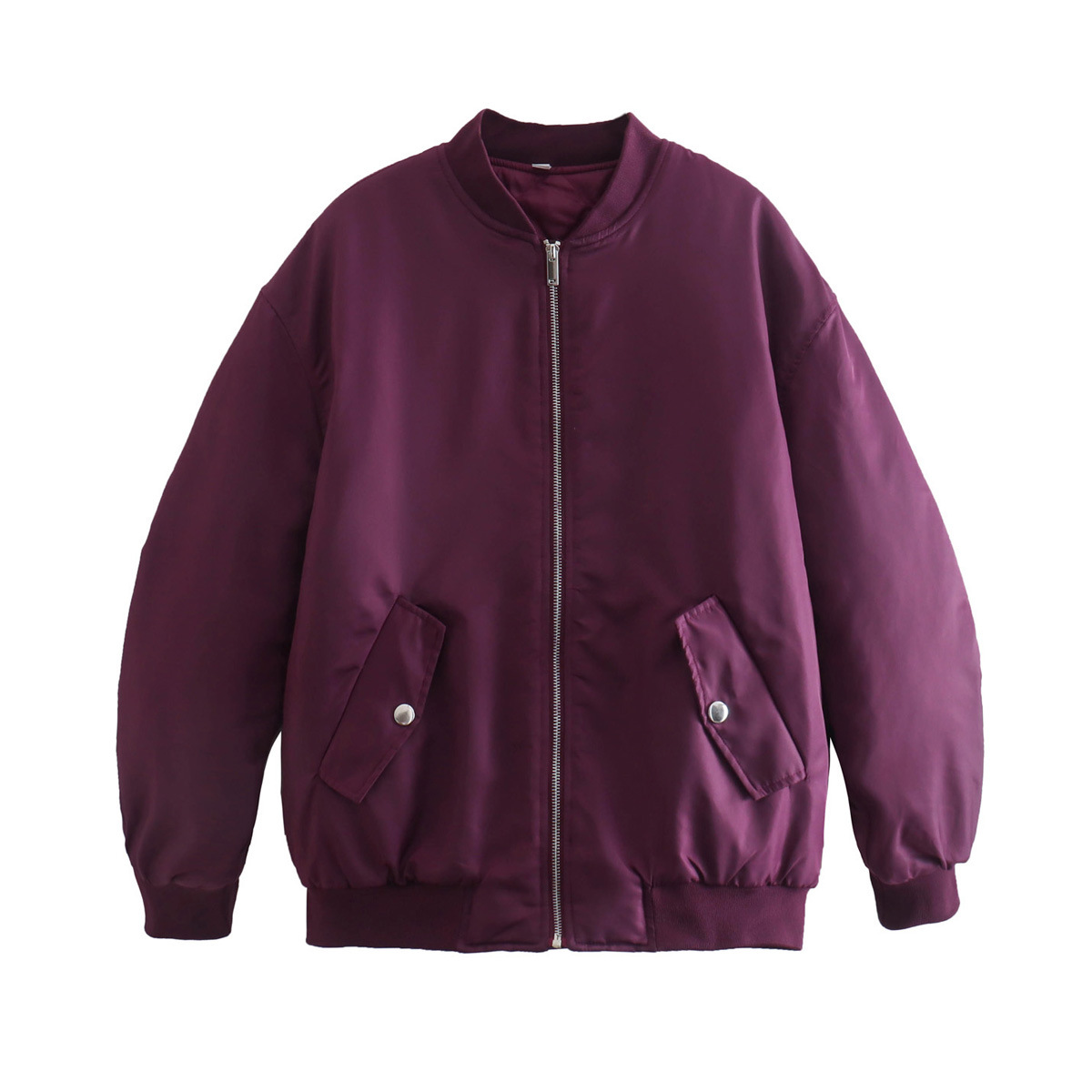 Women's oversized padded bomber jacket with ribbed edges and zip closure for casual everyday style