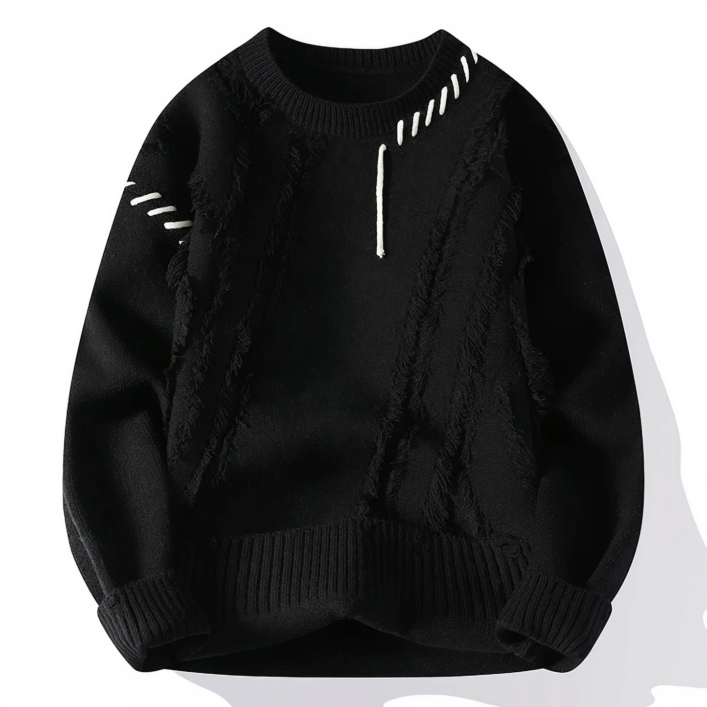 Men's patchwork fringe wool blend crew neck sweater in relaxed fit with artisanal knit detail