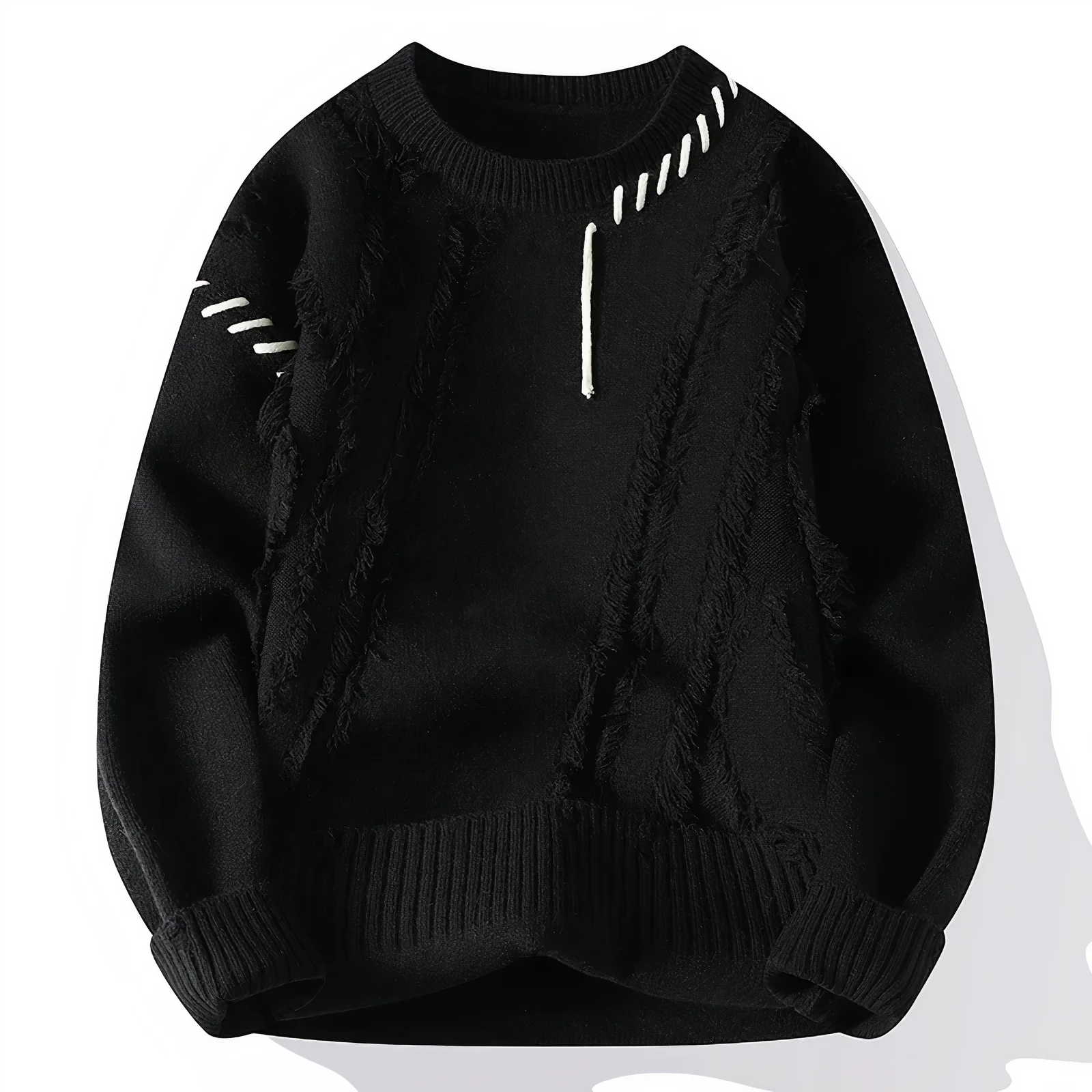 Men's patchwork fringe wool blend crew neck sweater in relaxed fit with artisanal knit detail