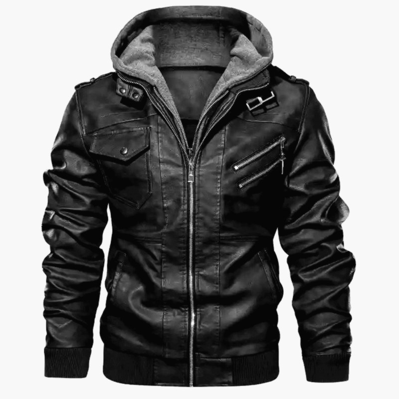 Men's black slim-fit hooded PU leather bomber jacket with zipper pockets for urban style