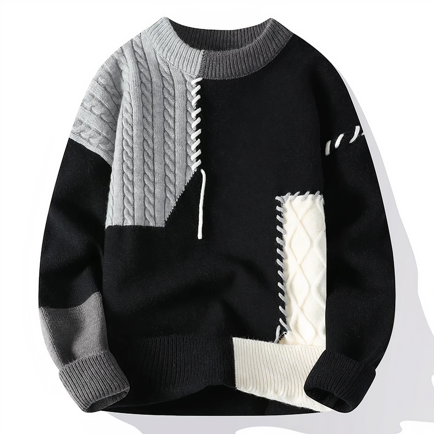Men's patchwork fringe wool blend crew neck sweater in relaxed fit with artisanal knit detailing