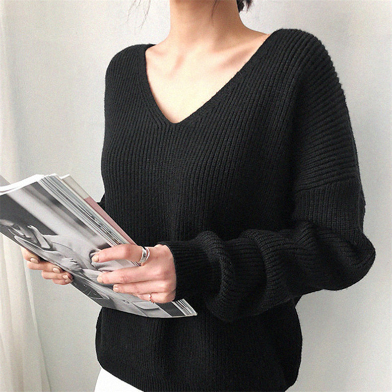 Women's oversized ribbed knit pullover sweatshirt deep V-neck cozy casual style