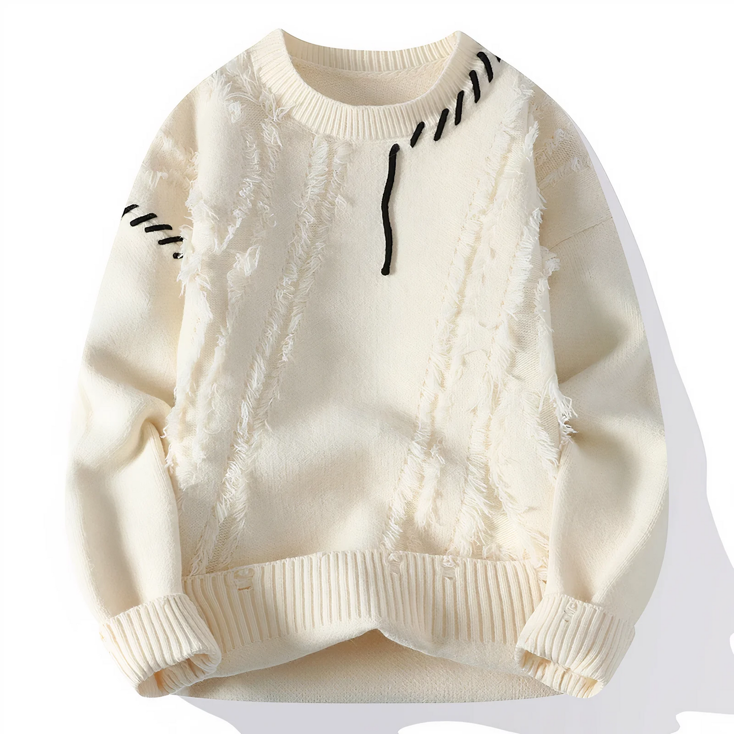 Men's patchwork fringe wool blend crew neck sweater relaxed fit artisanal multicolor knit