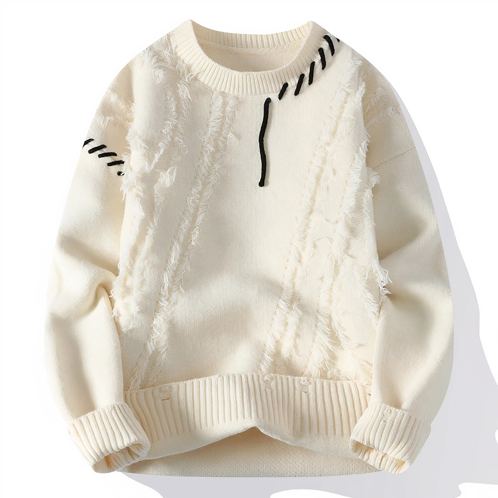 Men's patchwork fringe wool blend crew neck sweater relaxed fit artisanal multicolor knit