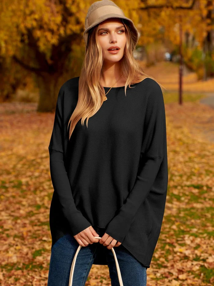 Women's oversized soft knit wool blend hip-length pullover sweater long sleeve relaxed fit