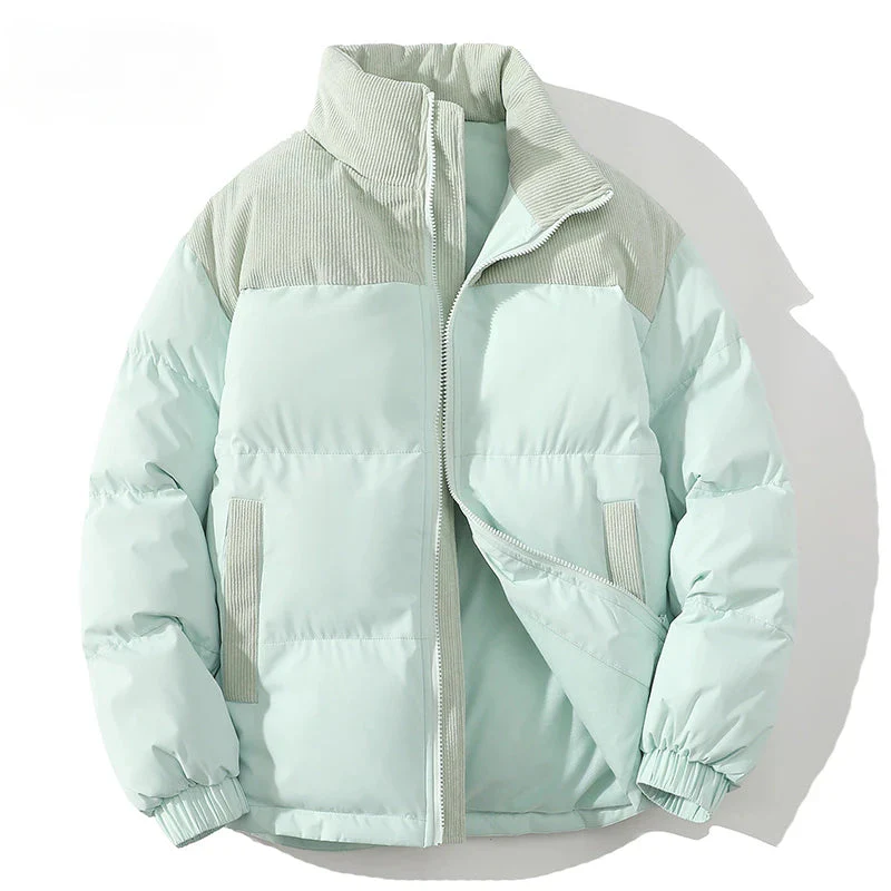 Men's hip-length premium puffer jacket with quilted insulation and textured corduroy yoke detail