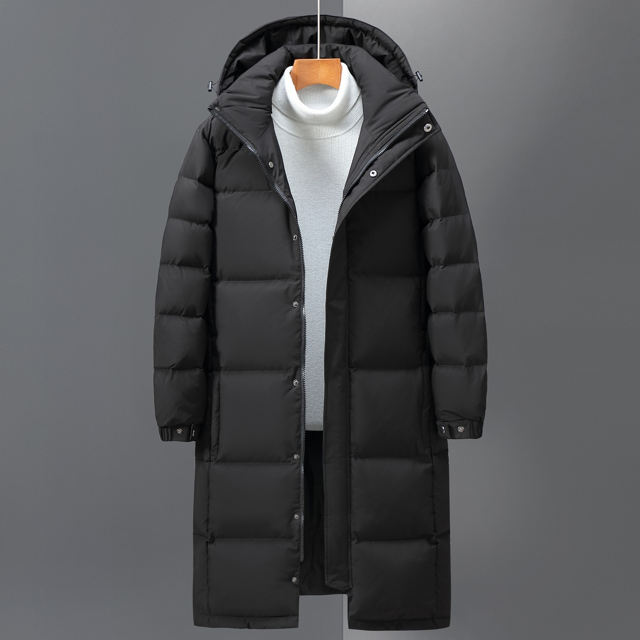 Men's ankle-length hooded puffer coat, synthetic insulated winter outerwear with full coverage silhouette