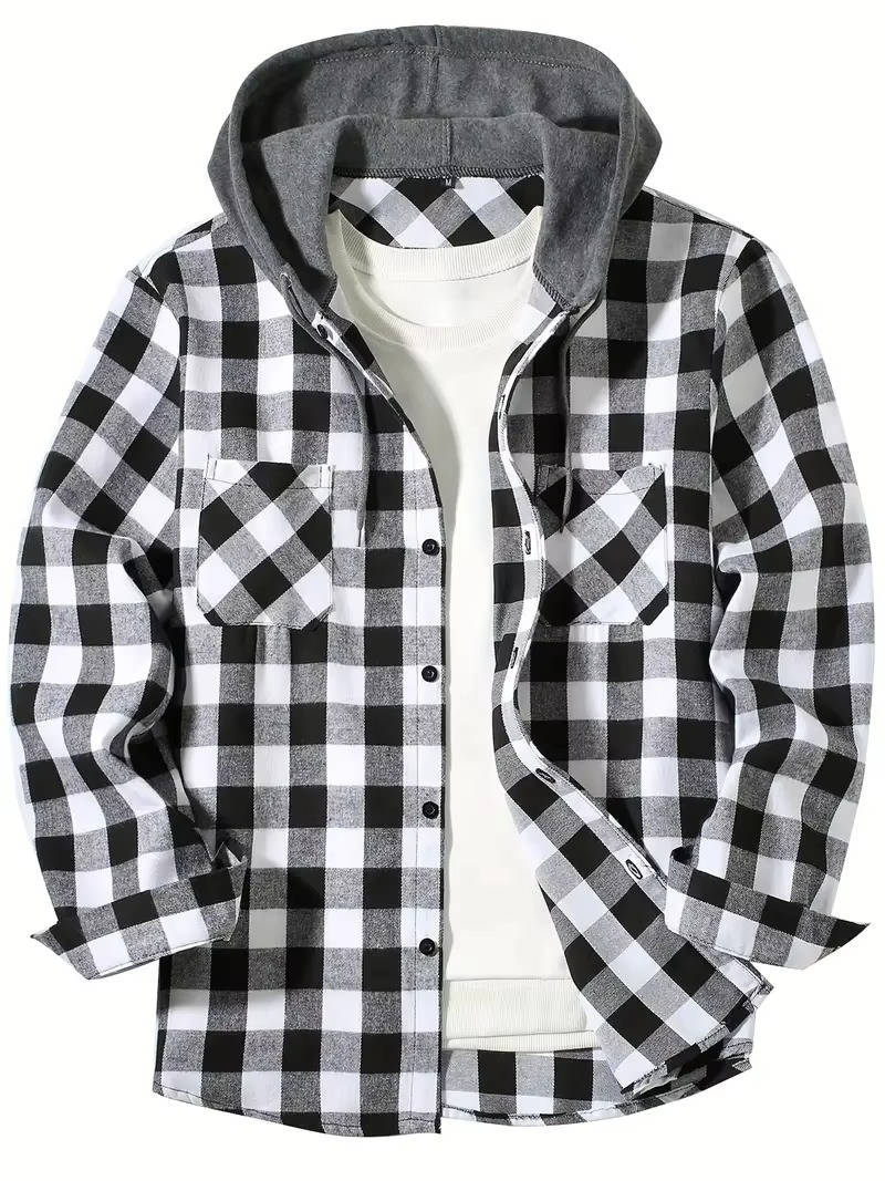 Men's red black buffalo plaid hooded flannel shirt with cozy fleece-lined hood lightweight brushed cotton