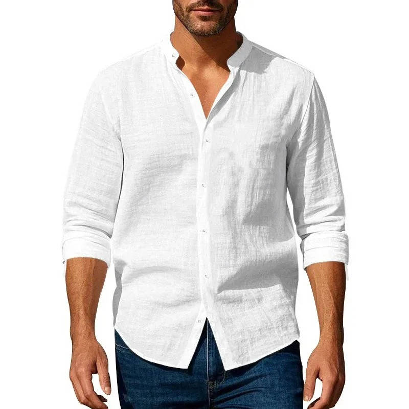 Men's breathable linen cotton blend long sleeve button-up shirt, relaxed Henley neckline warm weather