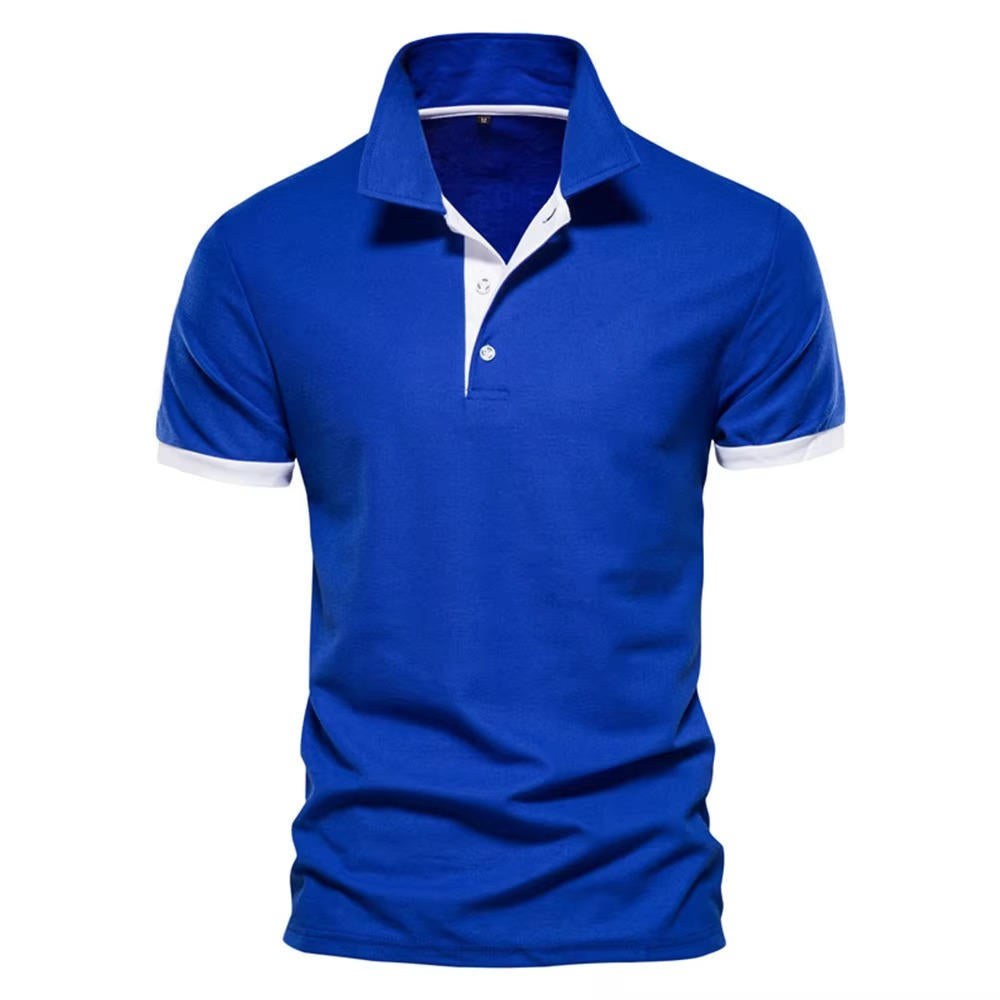 Men's navy slim fit polo shirt with contrast orange placket and cuffs, smart casual style