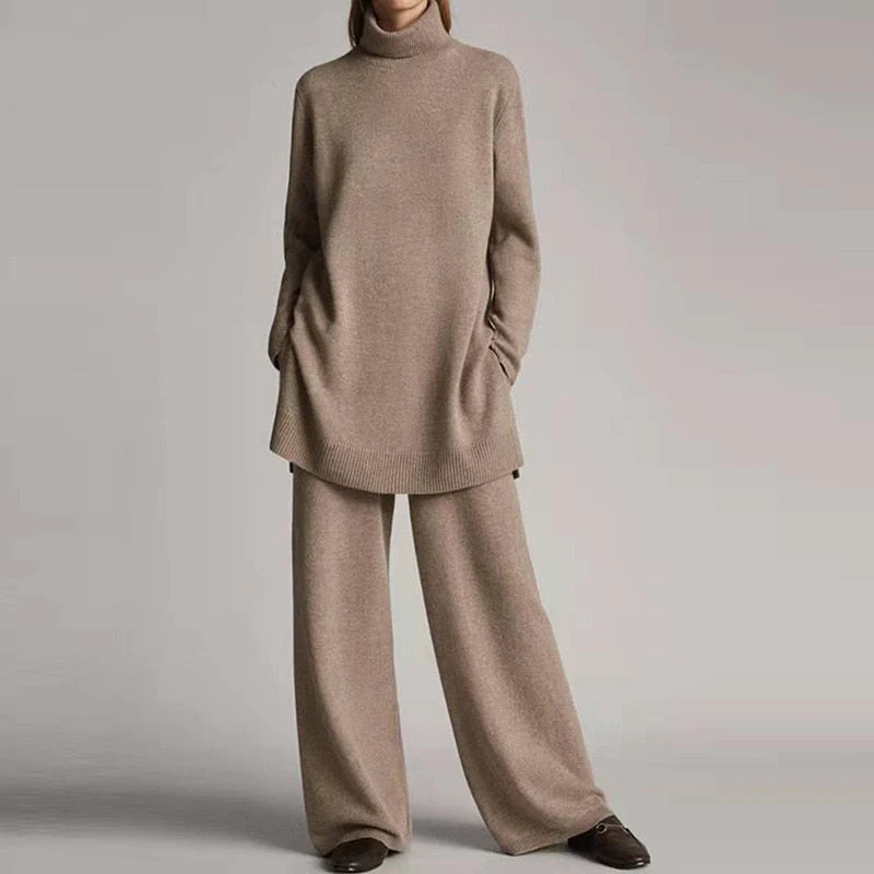 Women's wool blend knit turtleneck loungewear set with oversized top and wide-leg pants, cozy chic fit