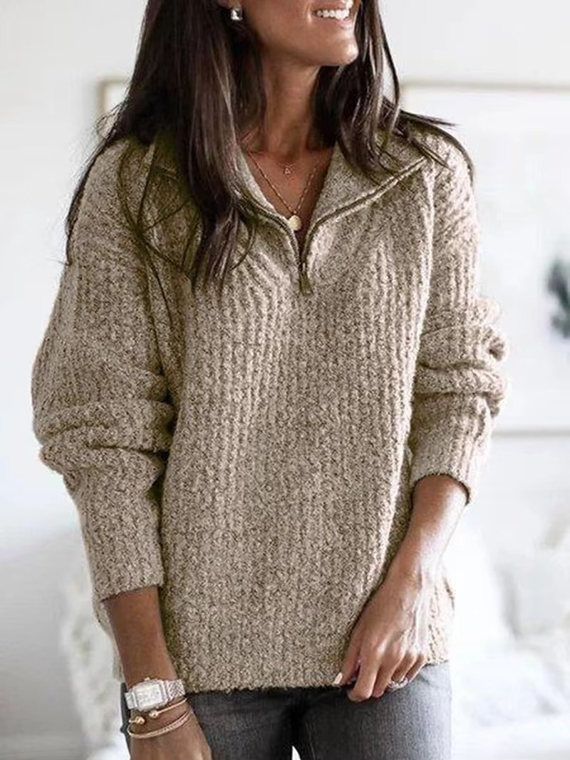 Women's lightweight knit quarter zip pullover in neutral tone, polished everyday style with adjustable neckline