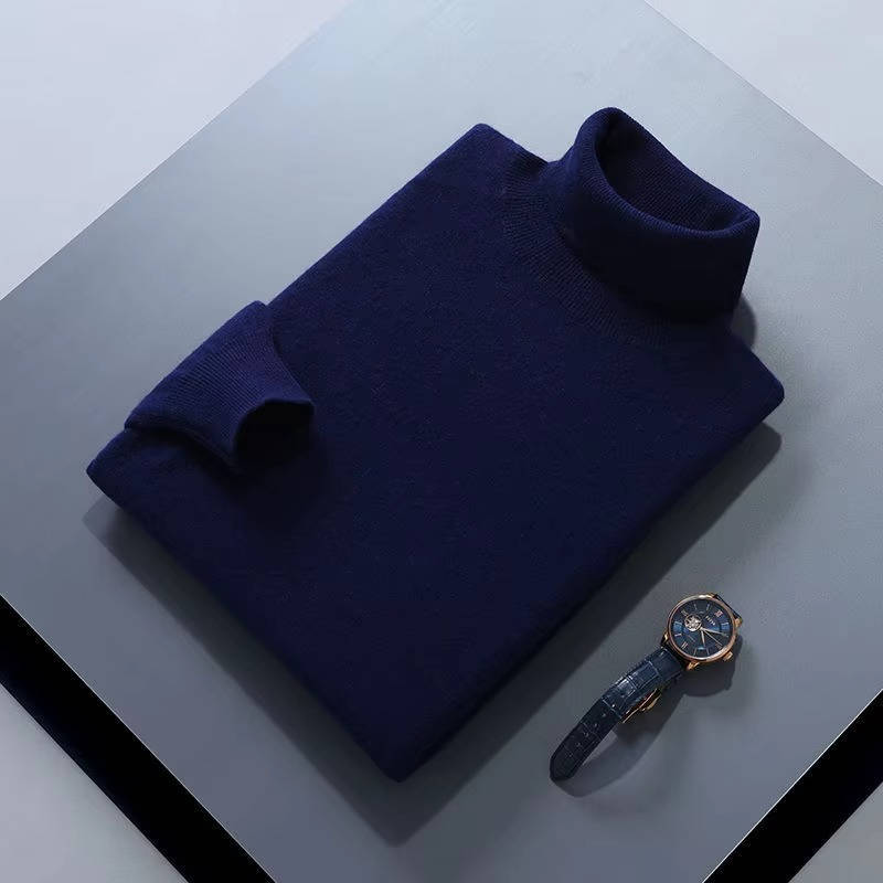 Men's slim fit cashmere turtleneck sweater luxury knit with fold-over collar smart casual style