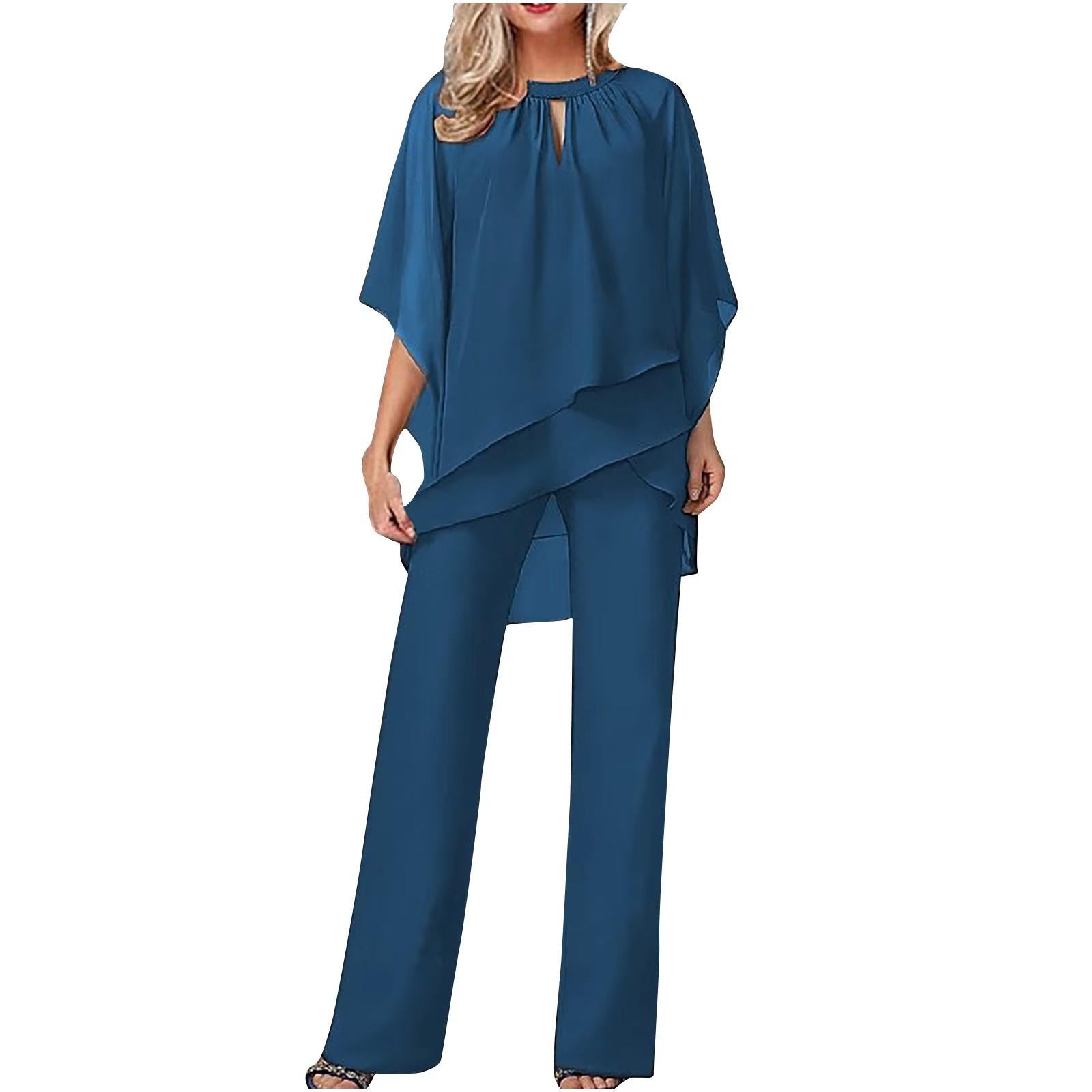 Women's elegant chiffon pantsuit professional festive wear lightweight sheen all-day comfort