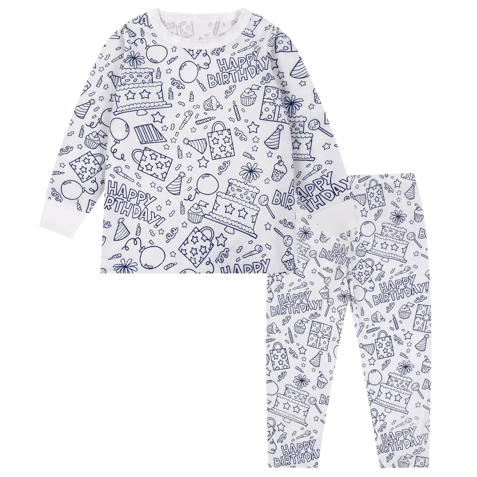 Kids unisex cotton-blend pajamas with bold pre-printed coloring patterns for creative bedtime fun