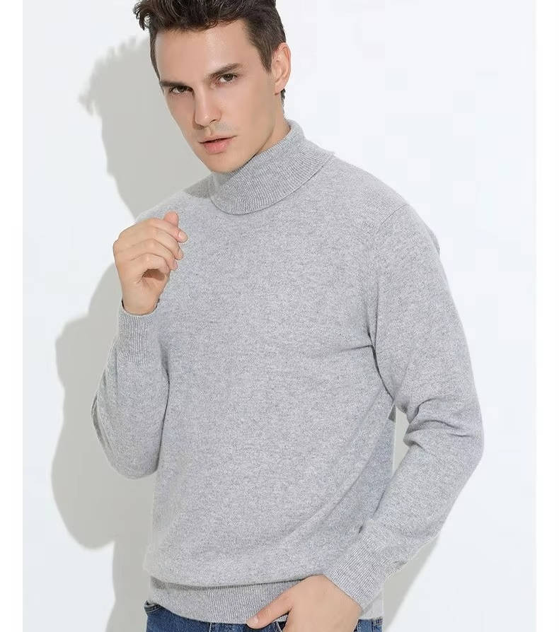 Men's slim fit cashmere turtleneck sweater luxury knit with fold-over collar smart casual style