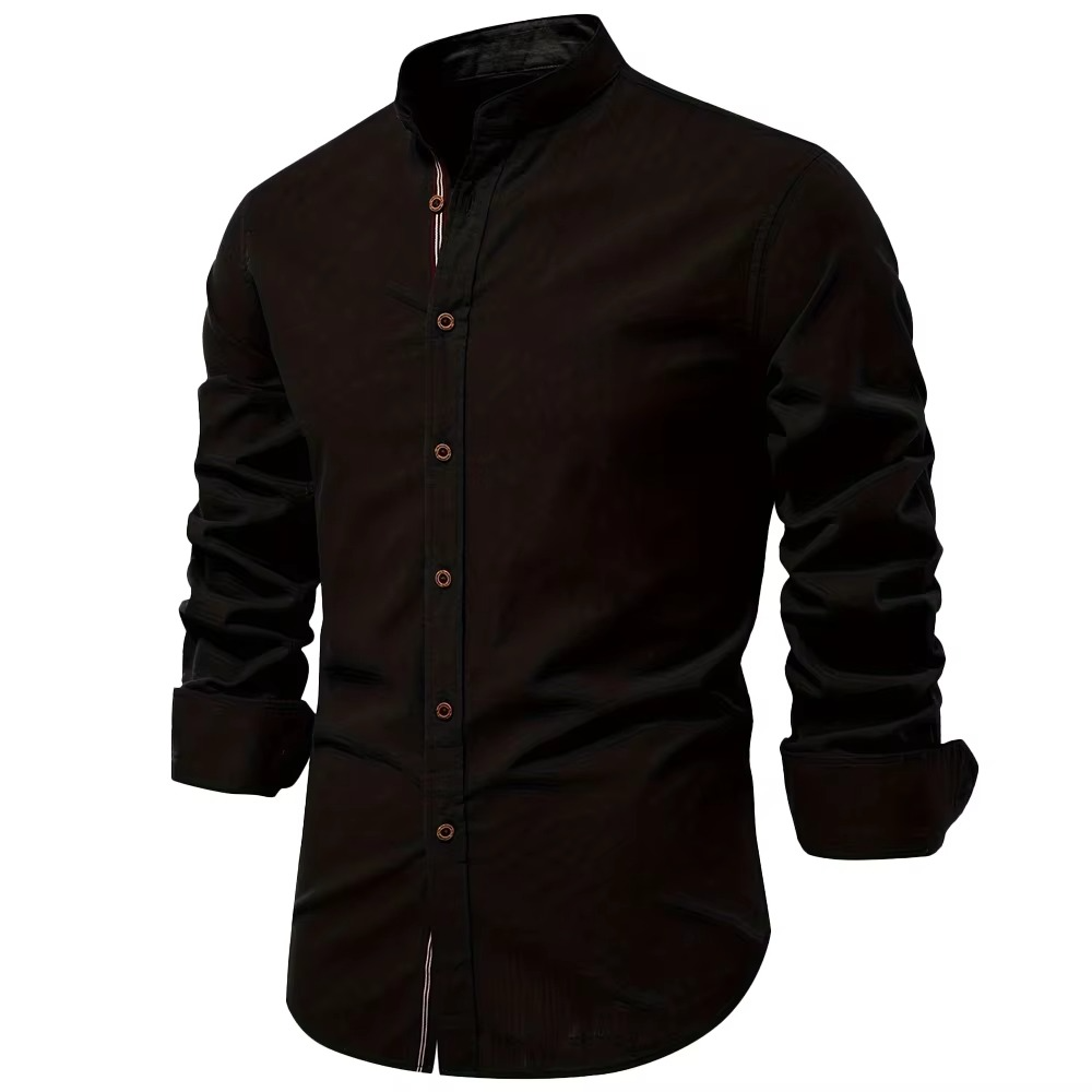 Men's casual cotton long sleeve shirt stand collar striped placket slim fit everyday professional style