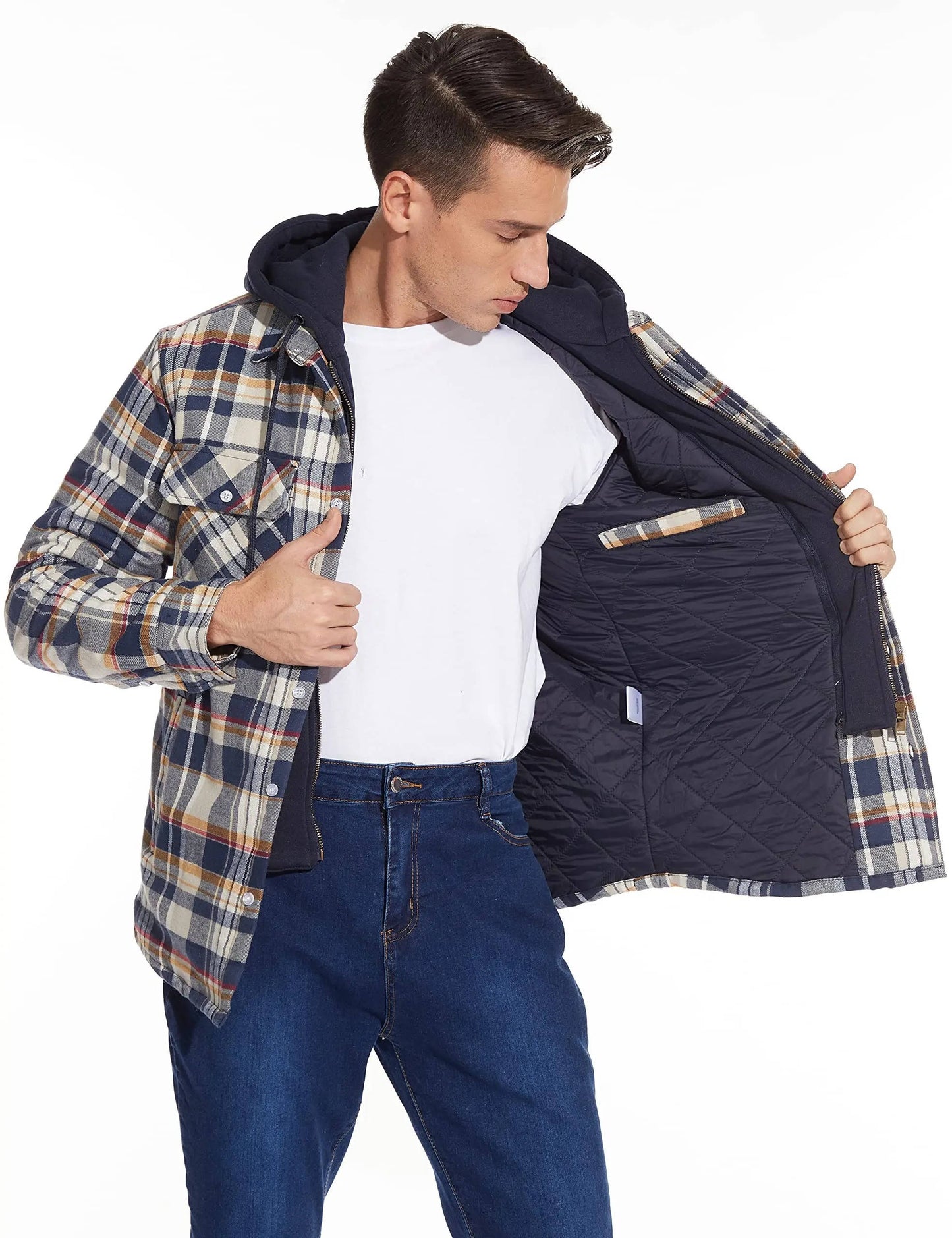 Men's hooded plaid bomber jacket with zip front, warm lining, and classic pattern for everyday wear