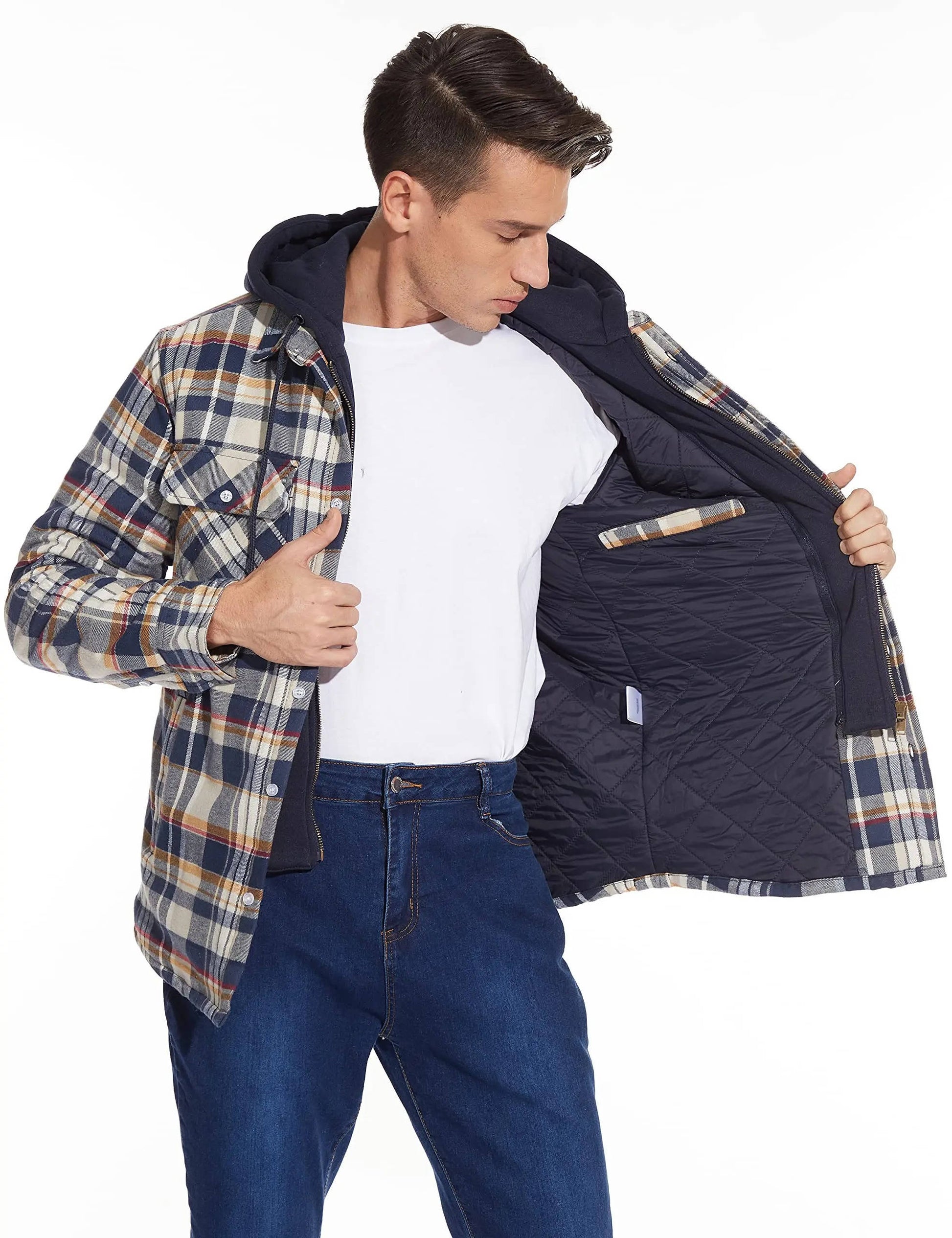 Men's hooded plaid bomber jacket with zip front, warm lining, and classic pattern for everyday wear