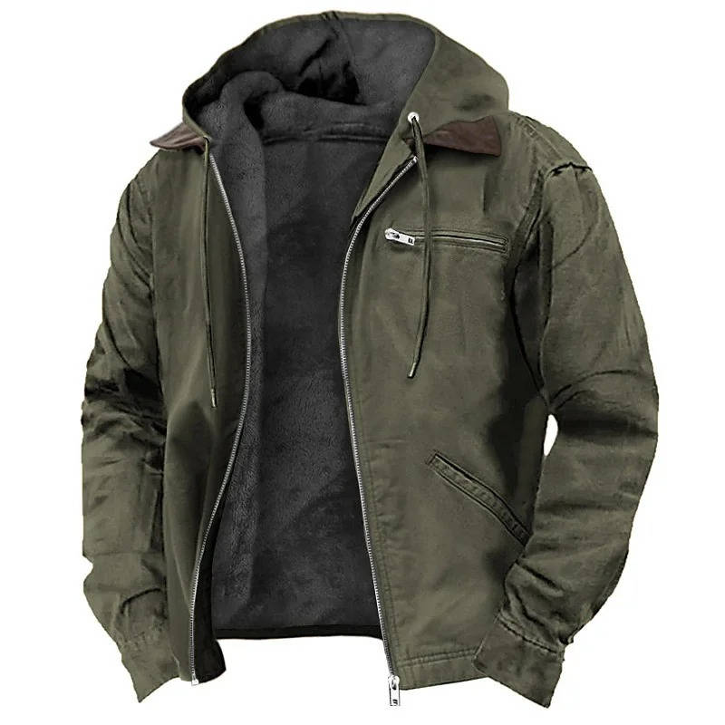 Men's brown hooded fleece jacket windproof lightweight outerwear with full-zip closure for cold weather