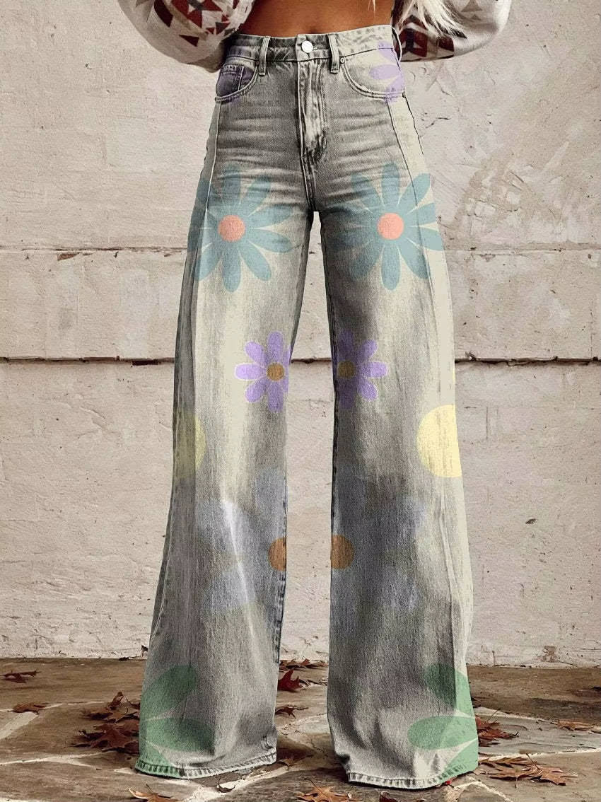 Women's high-waisted floral bell-bottom pants vintage-inspired wide-leg silhouette bold print