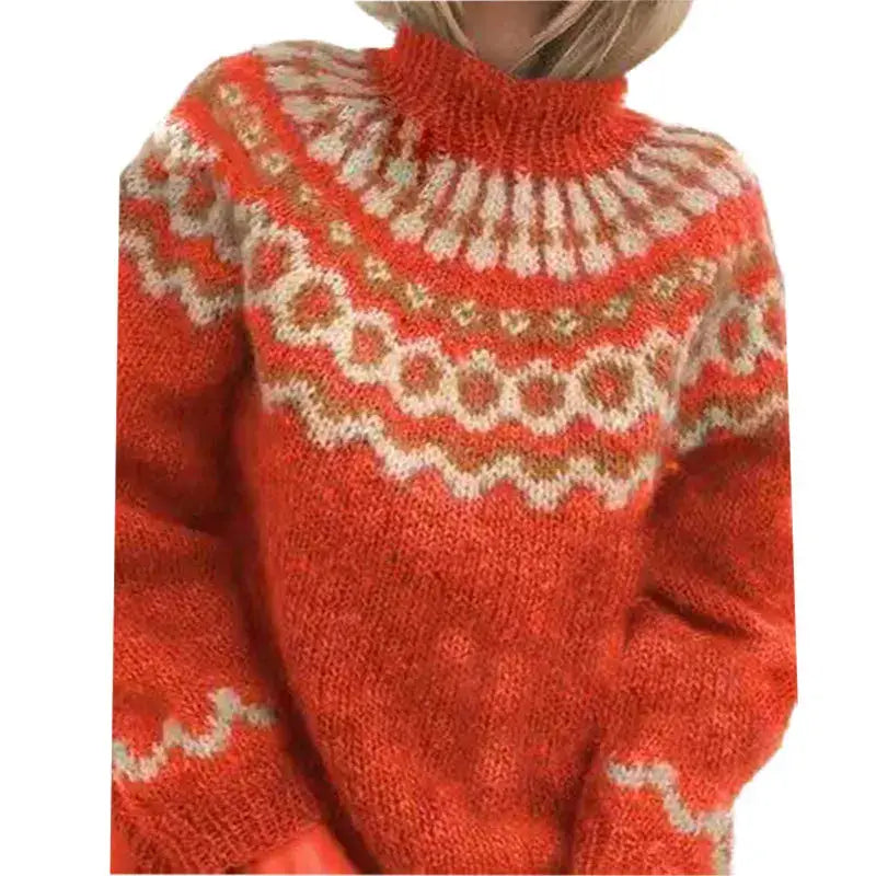 Women's geometric Nordic knit sweater with high collar, warm winter pullover featuring traditional pattern