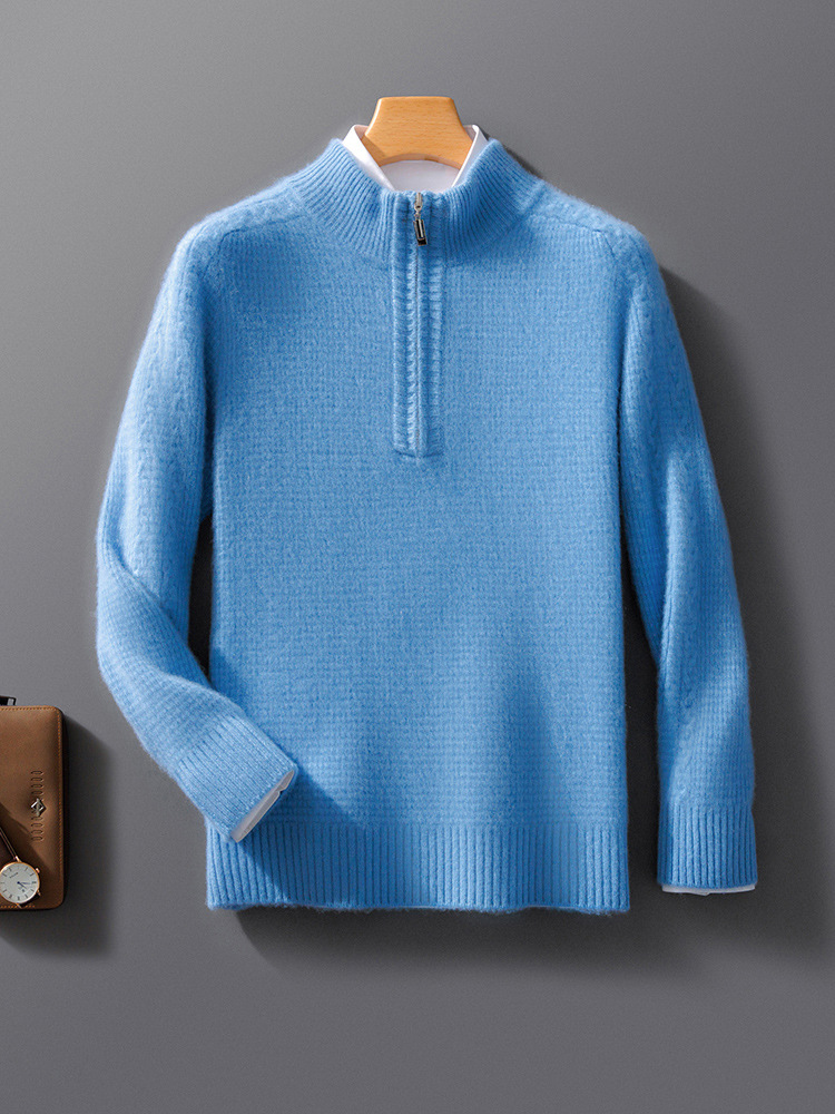 Men's gray wool knit sweatshirt relaxed fit with zip collar, textured premium fabric