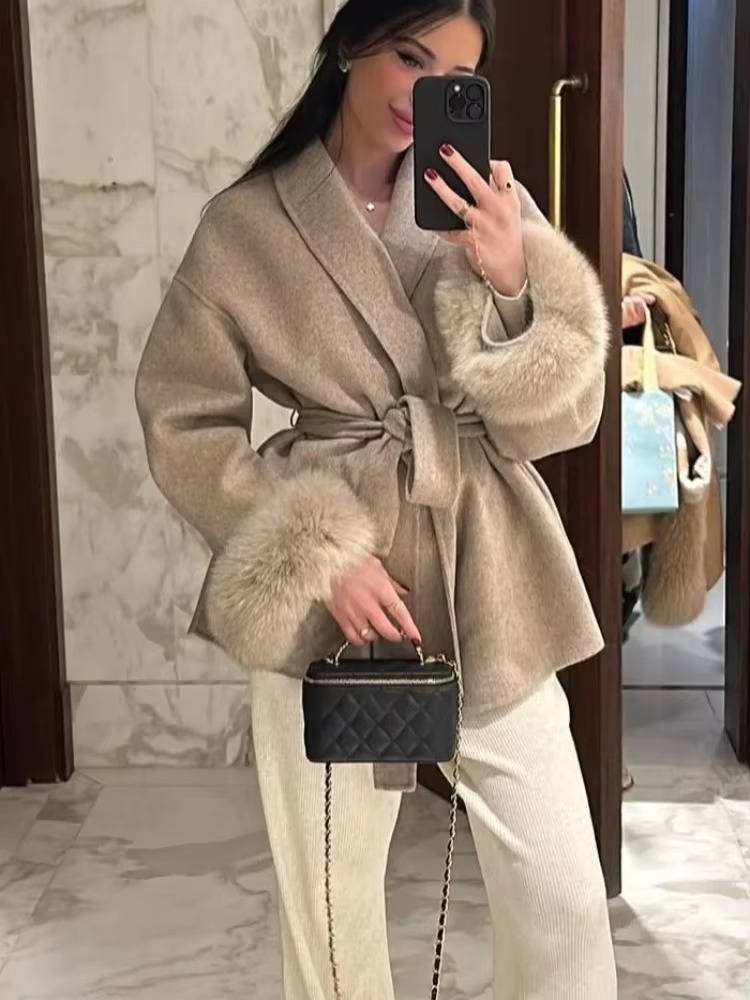 Women's short wrap coat in warm wool blend with self-tie belt for effortless autumn layering